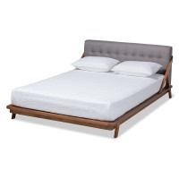 Baxton Studio BBT6735-Grey-King Sante Mid-Century Modern Grey Fabric Upholstered Wood King Size Platform Bed